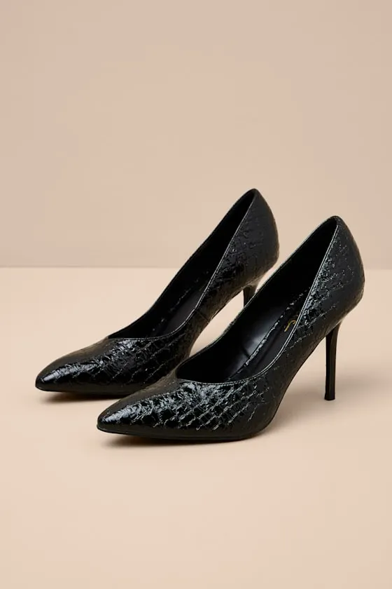 Monette Black Croc-Embossed Pointed-Toe Pumps sold by Lulus