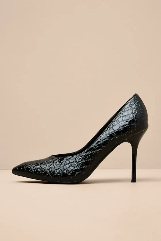 Monette Black Croc-Embossed Pointed-Toe Pumps sold by Lulus product image thumbnail 4