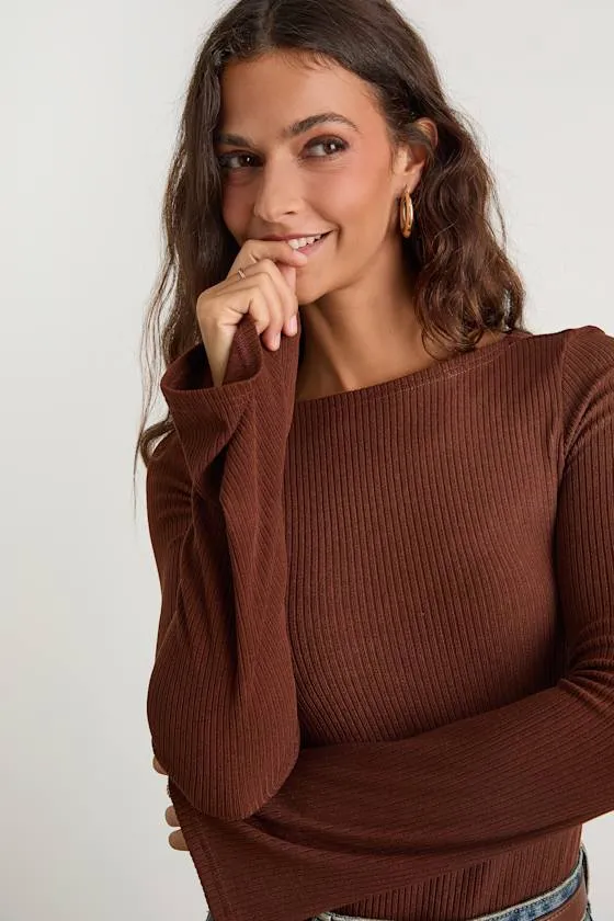 Maelis Dark Brown Ribbed Knit Long Sleeve Boat Neck Top sold by Lulus product image thumbnail 2