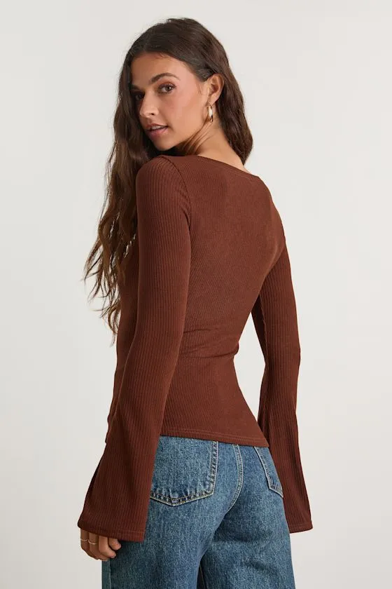 Maelis Dark Brown Ribbed Knit Long Sleeve Boat Neck Top sold by Lulus product image thumbnail 3