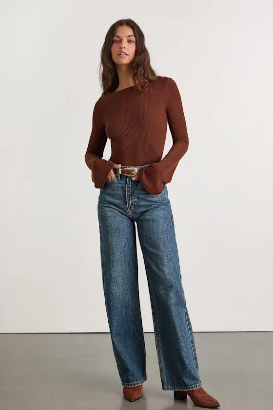 Maelis Dark Brown Ribbed Knit Long Sleeve Boat Neck Top sold by Lulus product image thumbnail 4