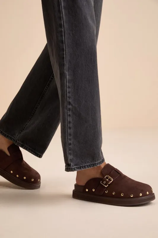 Tripoli Coffee Suede Studded Slide-On Clogs sold by Lulus