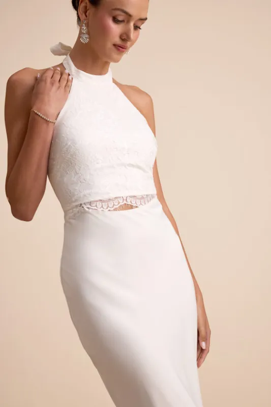 Atenea White Lace Cutout Halter Mermaid Maxi Dress sold by Lulus