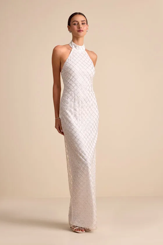Novalea White Sequin Halter Maxi Dress sold by Lulus