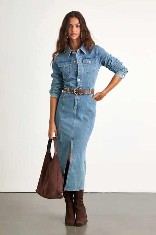 Alarie Medium Wash Denim Long Sleeve Midi Dress sold by Lulus