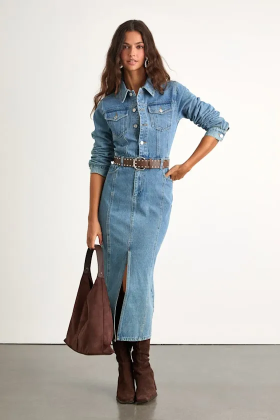 Alarie Medium Wash Denim Long Sleeve Midi Dress sold by Lulus