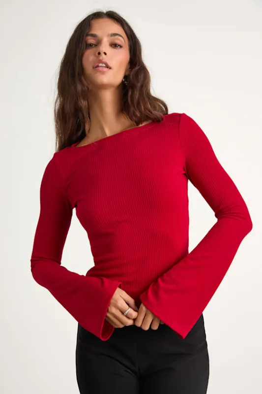 Maelis Red Ribbed Knit Long Sleeve Boat Neck Top sold by Lulus