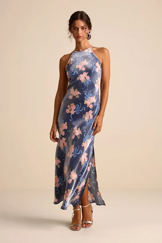 Mannon Slate Blue Floral and Bow Print Backless Maxi Dress sold by Lulus