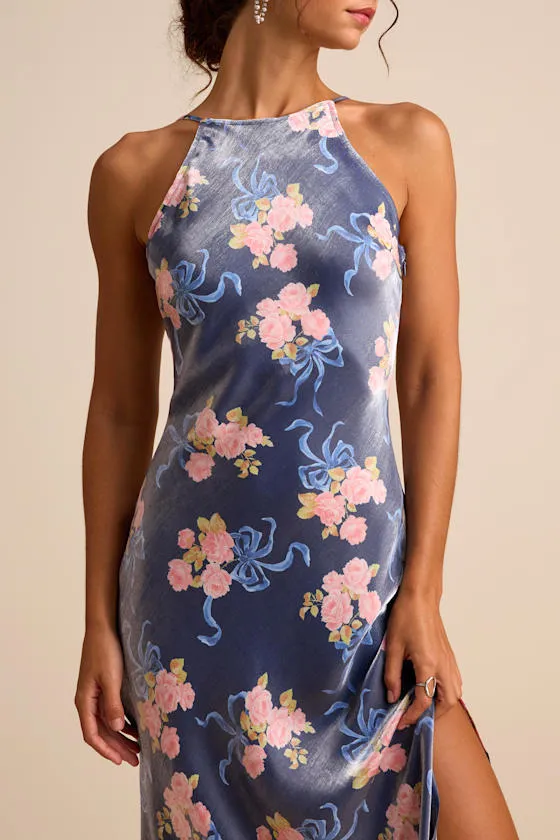 Mannon Slate Blue Floral and Bow Print Backless Maxi Dress sold by Lulus product image thumbnail 2