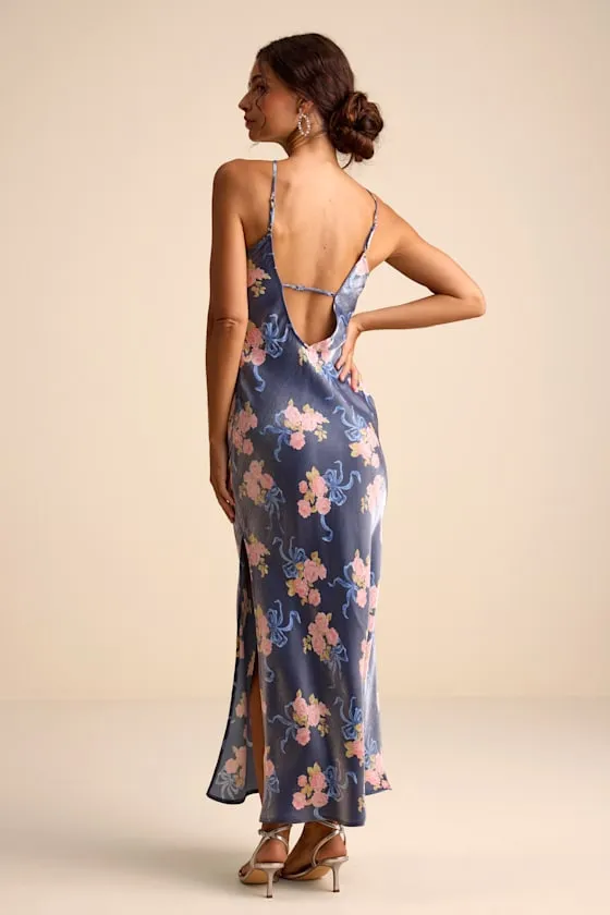 Mannon Slate Blue Floral and Bow Print Backless Maxi Dress sold by Lulus product image thumbnail 3