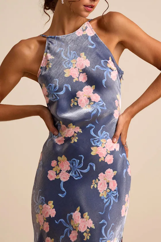 Mannon Slate Blue Floral and Bow Print Backless Maxi Dress sold by Lulus product image thumbnail 4