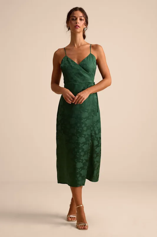 Katherine Emerald Floral Jacquard Wrap Midi Dress sold by Lulus