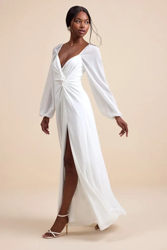 Composed Soiree White Twist-Front Long Sleeve Maxi Dress sold by Lulus