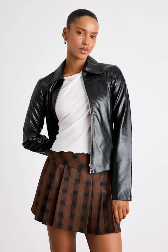 Firah Brown and Black Plaid Pleated Mid-Rise Mini Skirt sold by Lulus