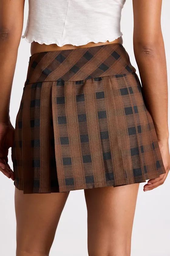 Firah Brown and Black Plaid Pleated Mid-Rise Mini Skirt sold by Lulus product image thumbnail 3