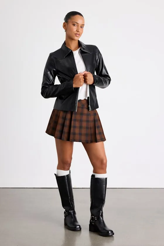 Firah Brown and Black Plaid Pleated Mid-Rise Mini Skirt sold by Lulus product image thumbnail 4