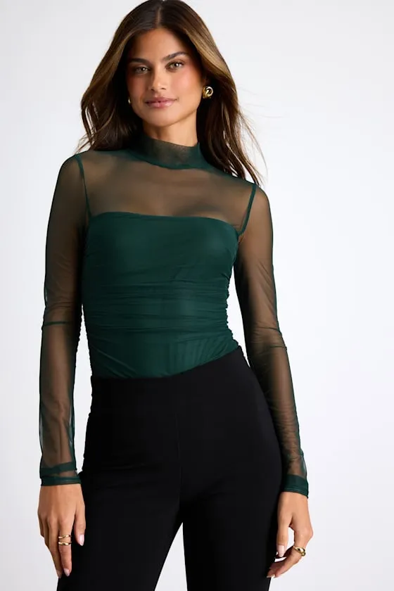 Clearly Alluring Emerald Mesh Long Sleeve Mock Neck Bodysuit sold by Lulus