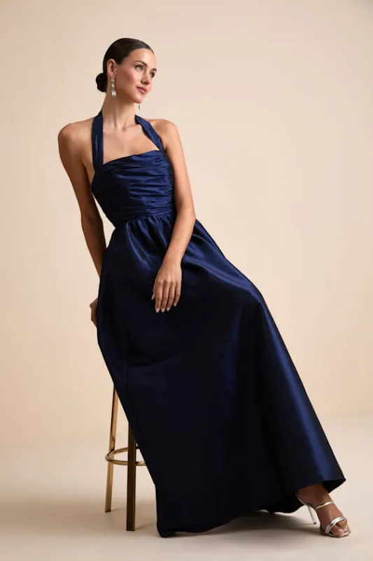 Rani Navy Taffeta Halter Maxi Dress sold by Lulus
