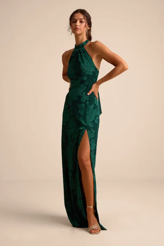 Mikani Dark Green Burnout Halter Maxi Dress sold by Lulus