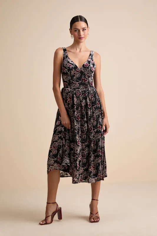 Priella Black Velvet Burnout Lace-Up Midi Dress sold by Lulus