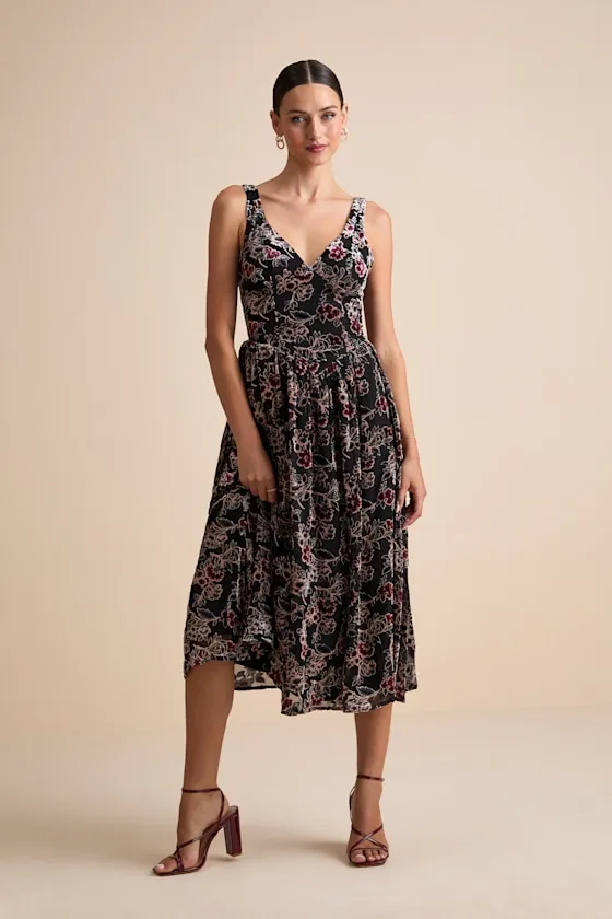 Priella Black Velvet Burnout Lace-Up Midi Dress sold by Lulus