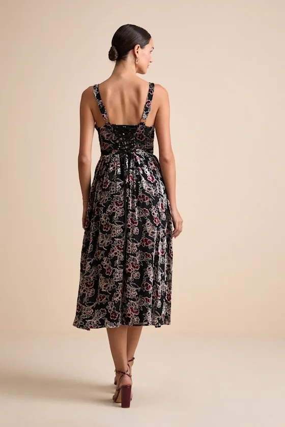 Priella Black Velvet Burnout Lace-Up Midi Dress sold by Lulus product image thumbnail 4