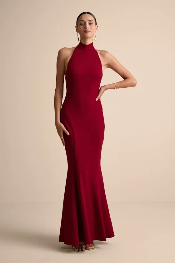 Sihana Wine Red Halter Mermaid Maxi Dress sold by Lulus