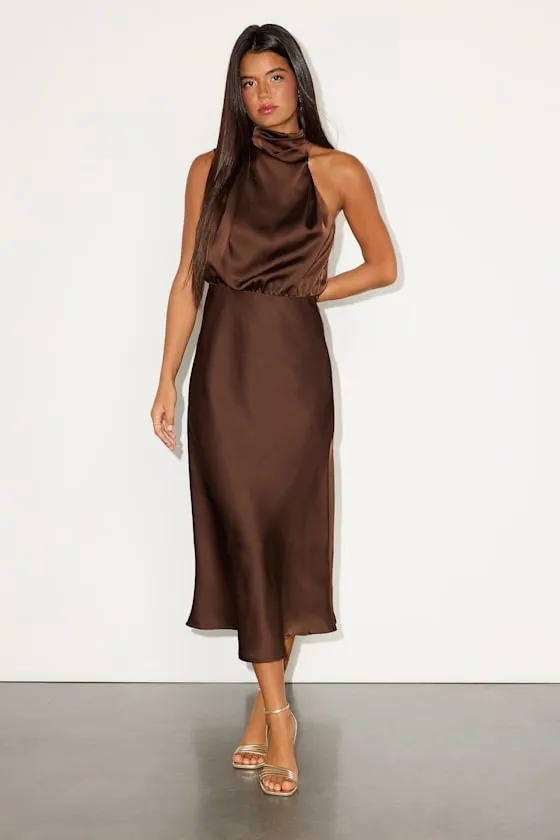 Distinctive Brown Satin Asymmetrical Midi Dress sold by Lulus