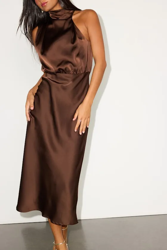 Distinctive Brown Satin Asymmetrical Midi Dress sold by Lulus product image thumbnail 2