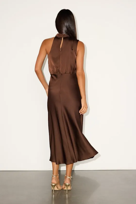 Distinctive Brown Satin Asymmetrical Midi Dress sold by Lulus product image thumbnail 3