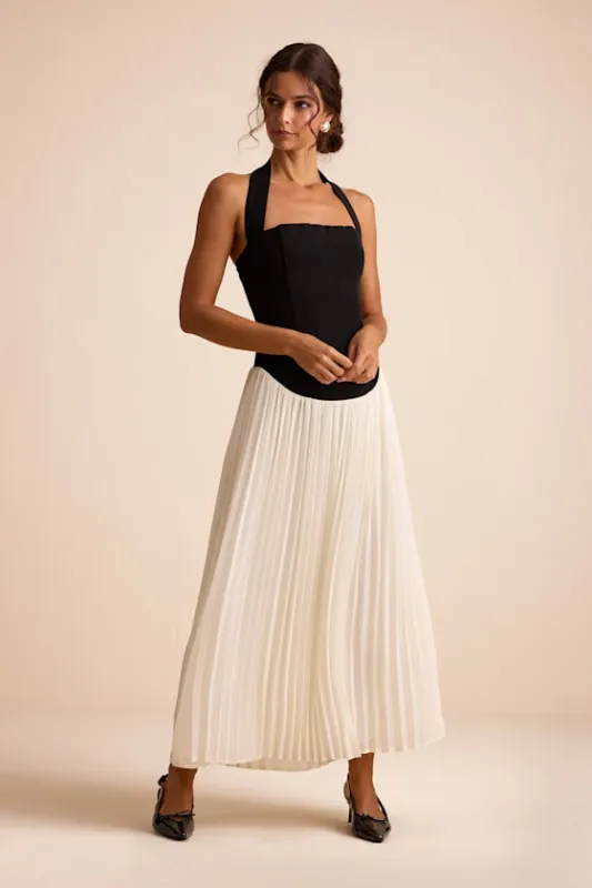 Suri Black and Ivory Mixed Media Halter Maxi Dress sold by Lulus