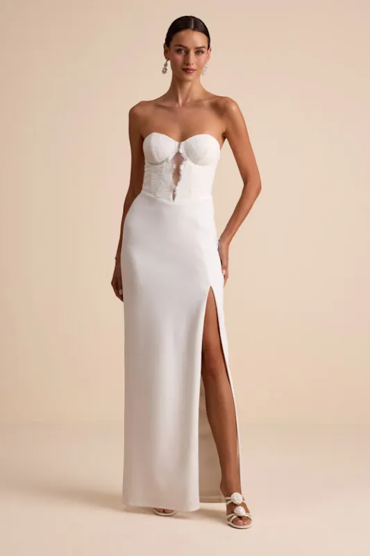 Pruitt White Lace Cutout Strapless Bustier Maxi Dress sold by Lulus