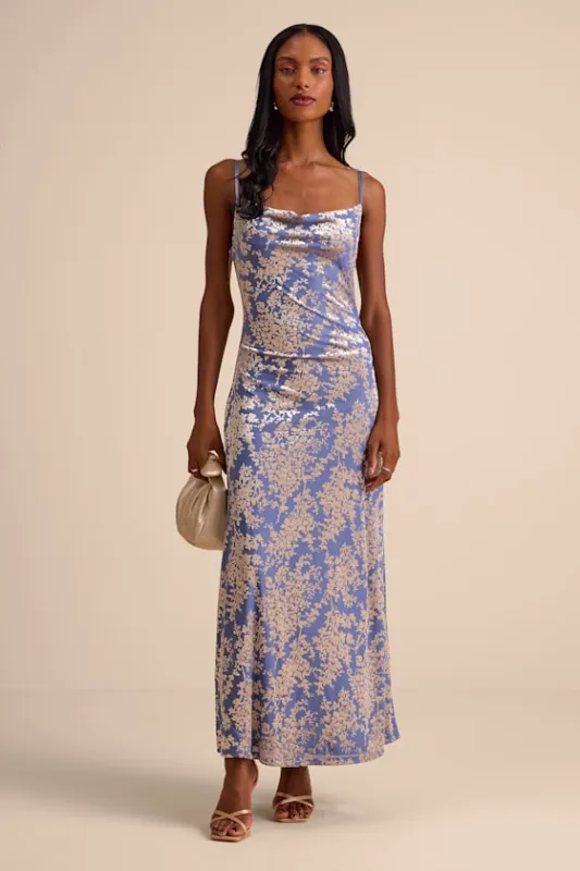 Jessica Periwinkle Velvet Jacquard Cowl Neck Maxi Dress sold by Lulus