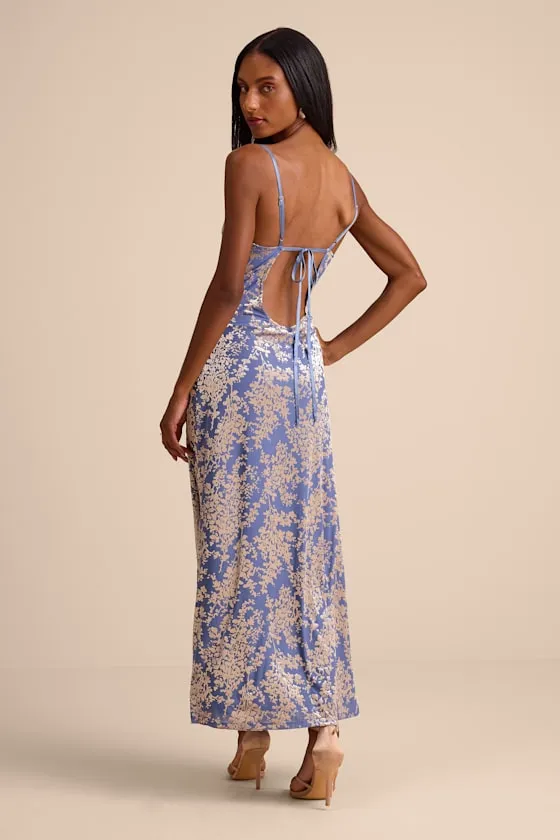 Jessica Periwinkle Velvet Jacquard Cowl Neck Maxi Dress sold by Lulus product image thumbnail 3