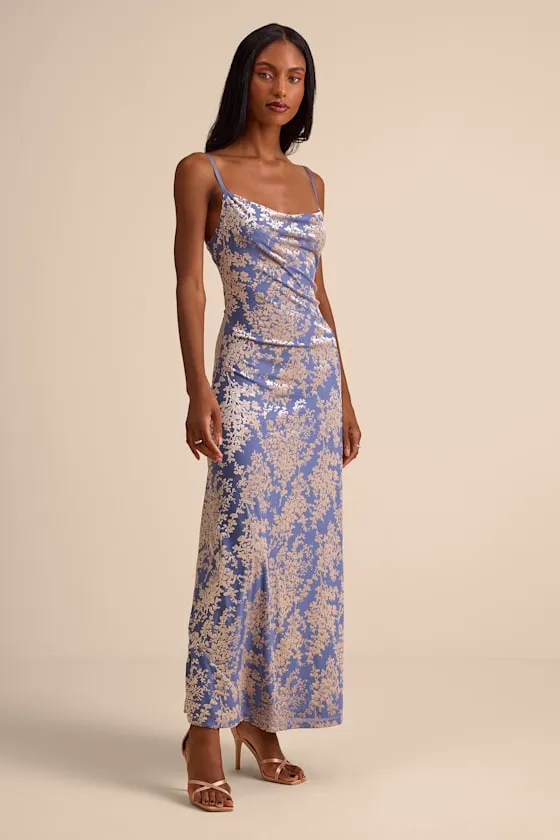 Jessica Periwinkle Velvet Jacquard Cowl Neck Maxi Dress sold by Lulus product image thumbnail 4
