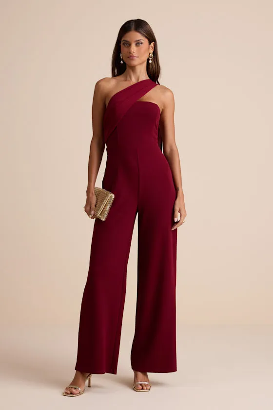 Hexley Burgundy One-Shoulder Sash Scarf Jumpsuit sold by Lulus
