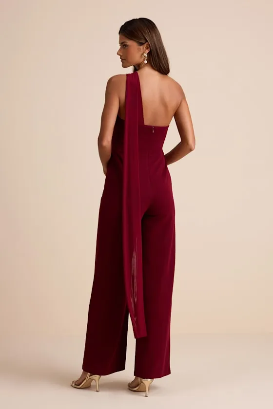 Hexley Burgundy One-Shoulder Sash Scarf Jumpsuit sold by Lulus product image thumbnail 2