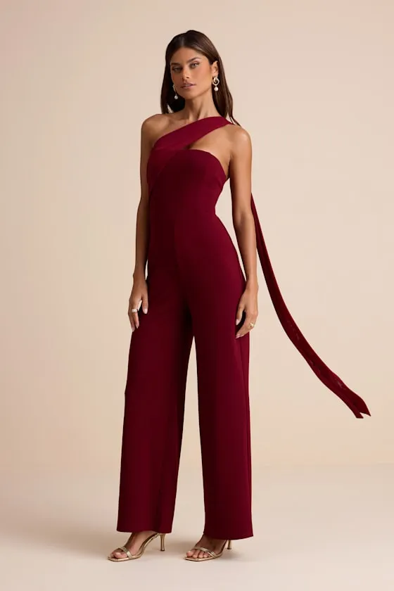 Hexley Burgundy One-Shoulder Sash Scarf Jumpsuit sold by Lulus product image thumbnail 3