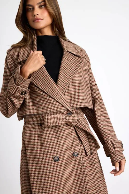 Arnella Light Brown Houndstooth Belted Trench Coat made by Lulus