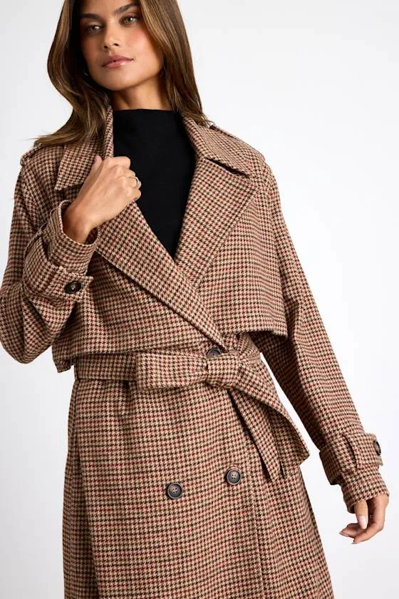 Arnella Light Brown Houndstooth Belted Trench Coat sold by Lulus