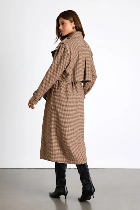 Arnella Light Brown Houndstooth Belted Trench Coat sold by Lulus product image thumbnail 3