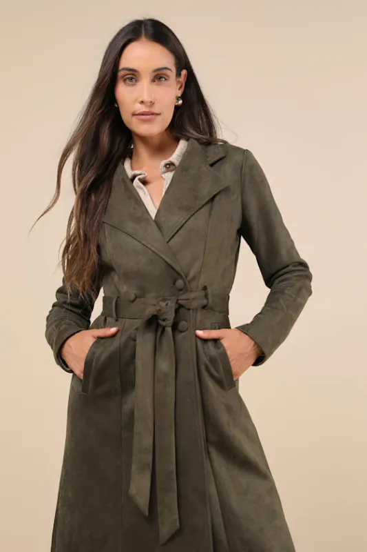 Chic Calling Olive Green Suede Trench Coat sold by Lulus