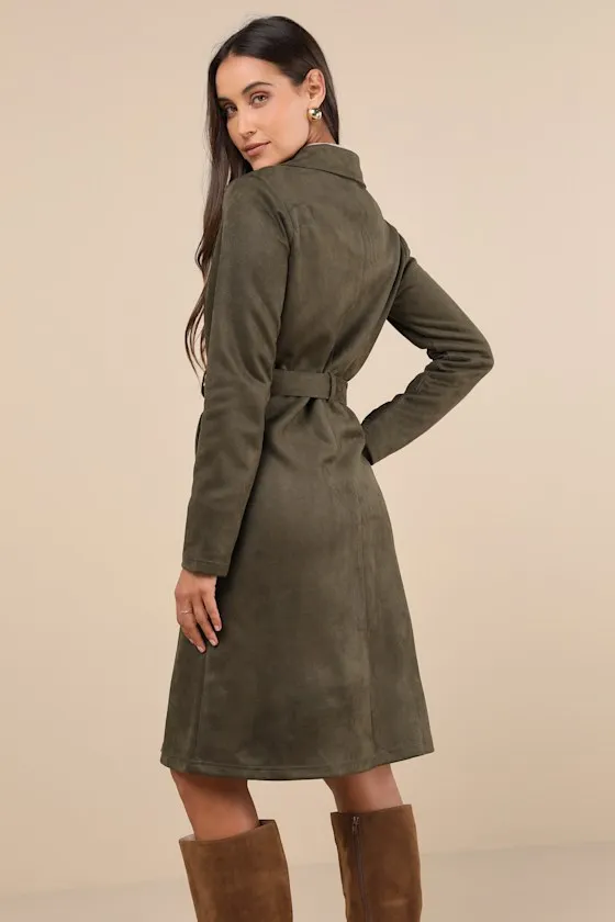 Chic Calling Olive Green Suede Trench Coat sold by Lulus product image thumbnail 3