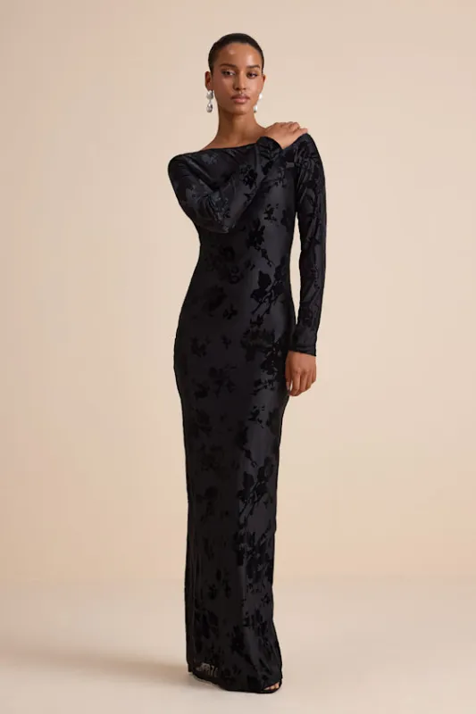 Amiria Black Burnout Velvet Long Sleeve Maxi Dress sold by Lulus