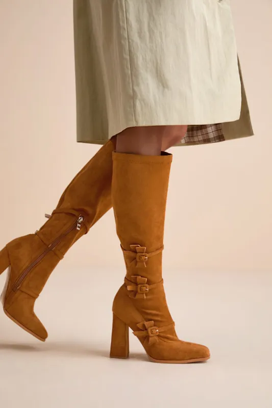 Bow Tan Suede Knee-High Boots made by Lulus