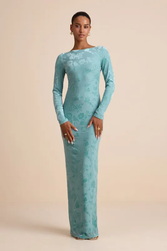 Amiria Light Aqua Burnout Velvet Long Sleeve Maxi Dress sold by Lulus
