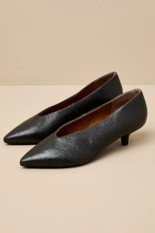 Libertine Black Distressed Leather Pointed-Toe Kitten Heel Pumps sold by Lulus