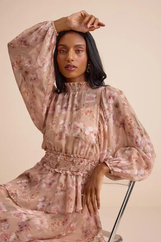 Wexler Peach Floral Tiered Mock Neck Long Sleeve Maxi Dress sold by Lulus