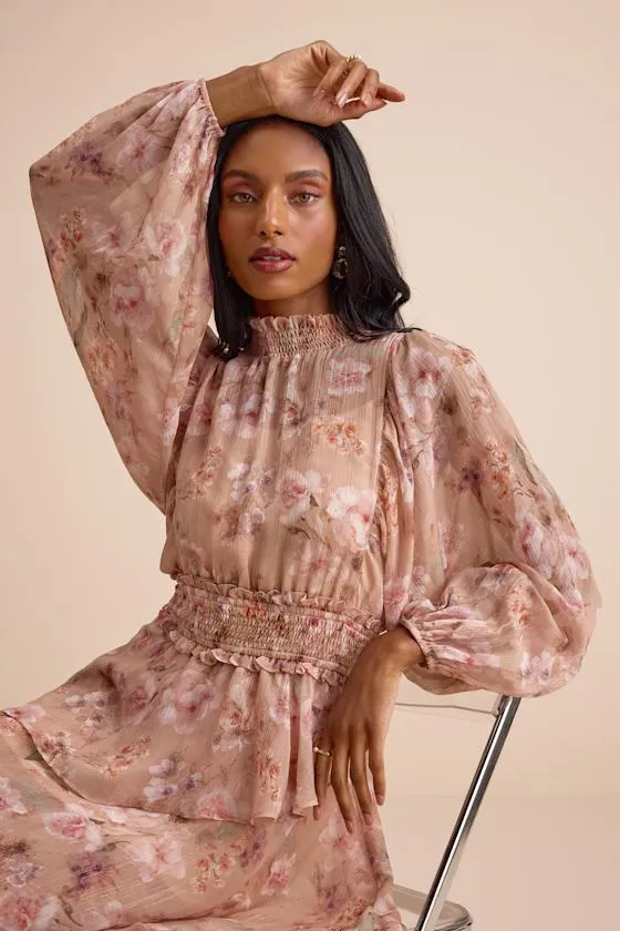 Wexler Peach Floral Tiered Mock Neck Long Sleeve Maxi Dress sold by Lulus