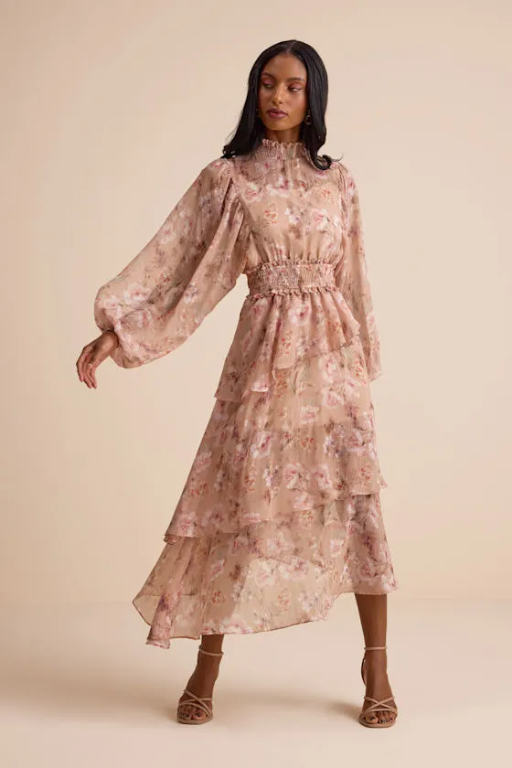 Wexler Peach Floral Tiered Mock Neck Long Sleeve Maxi Dress sold by Lulus product image thumbnail 2